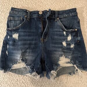 Women's Frayed Hem Distressed Denim Shorts - Blue